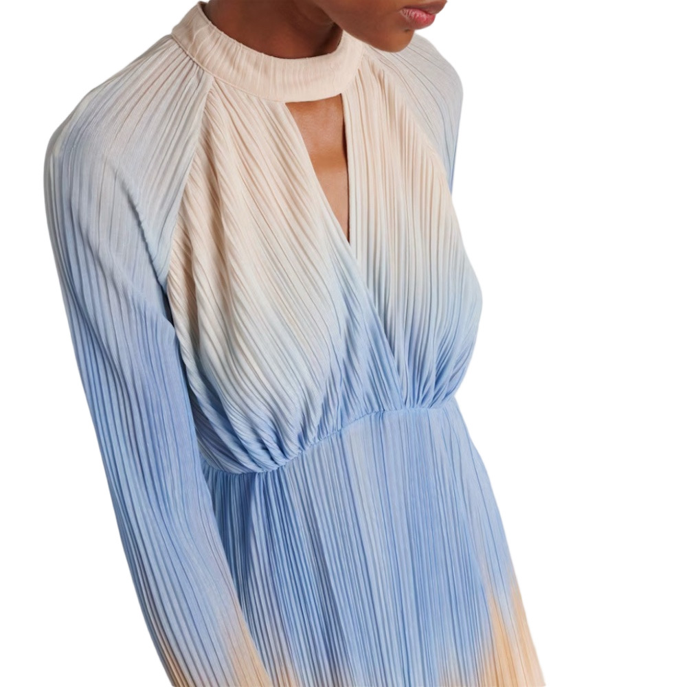 NWT SIMKHAI sky ombre blue beige CALINA pleated plisse long sleeve maxi dress 4